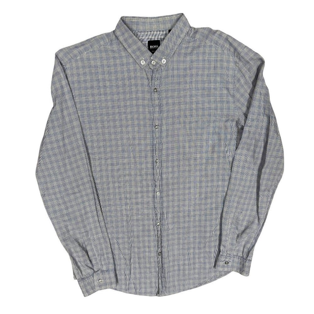 Hugo Boss Slim Fit Peric Long Sleeve Button Down Shirt Check Blue Cotton Large